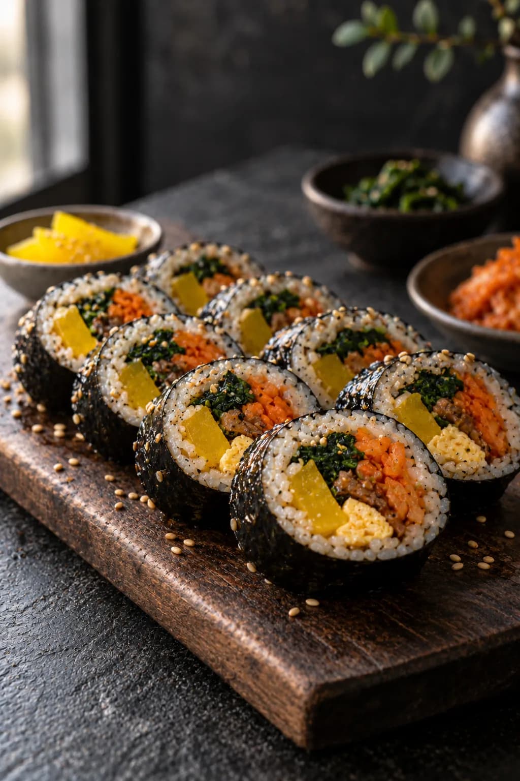 Korean gimbap sliced into rounds on a serving board, cut-side up showing yellow danmuji, spinach, egg strip, and carrot in sesame-seasoned rice wrapped in dark nori