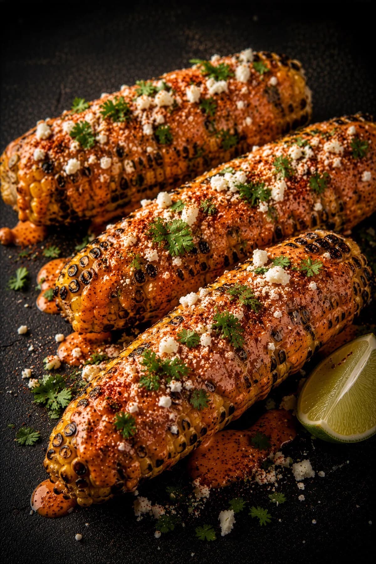Grilled corn on the cob coated in reddish-orange gochujang mayo, dusted with crumbled cotija cheese and coarse red gochugaru flakes, char marks visible on the kernels, lime wedges and cilantro on the side