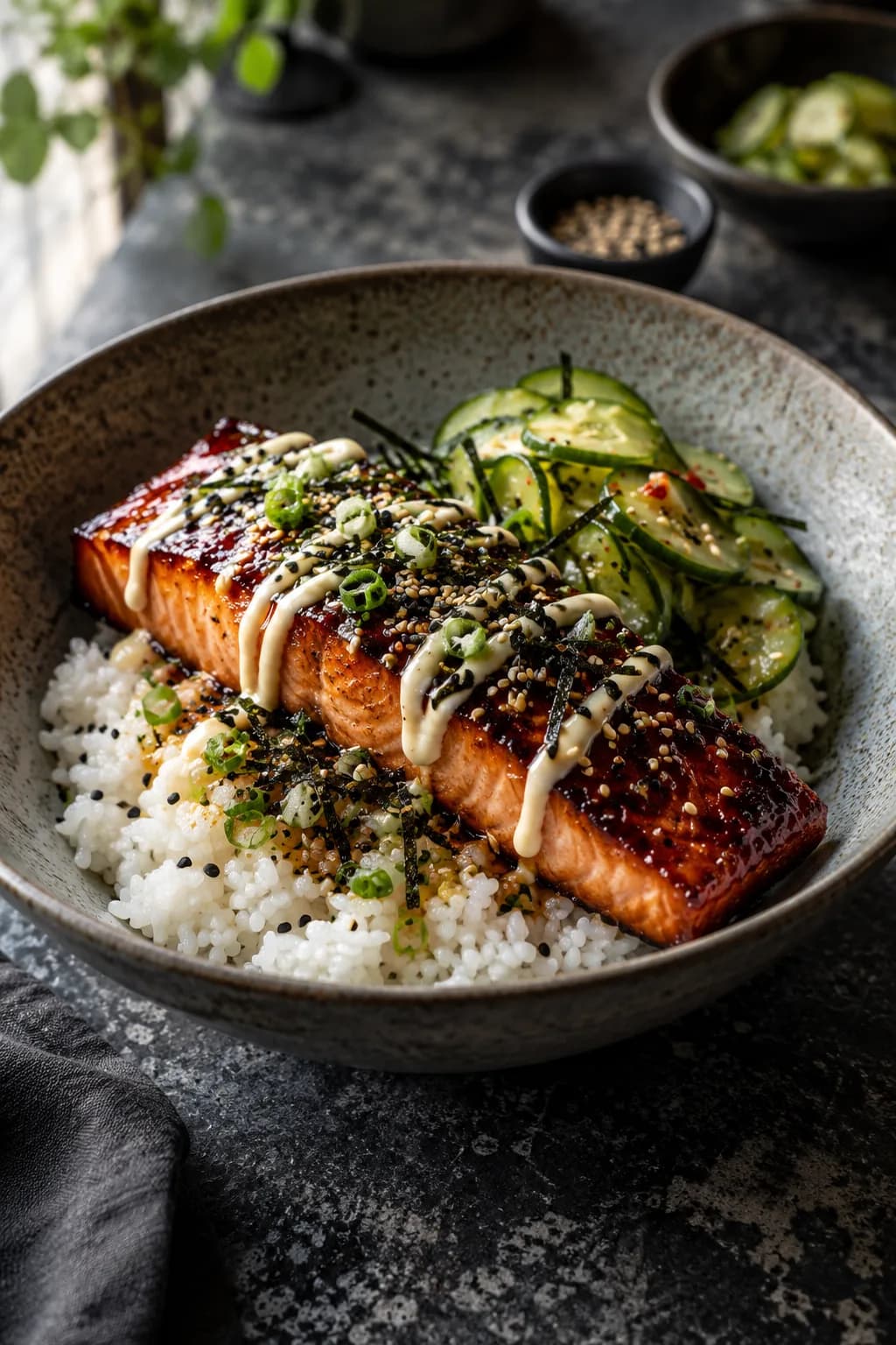 Gochujang-glazed salmon fillet over Japanese short-grain rice with pickled cucumber, Kewpie mayo drizzle, and sesame garnish in a wide bowl