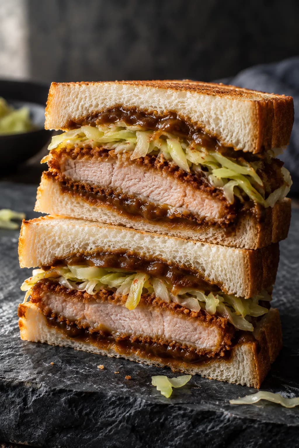 Japanese curry katsu sando cut in half showing the layers of tonkatsu, curry sauce, and pickled cabbage on milk bread