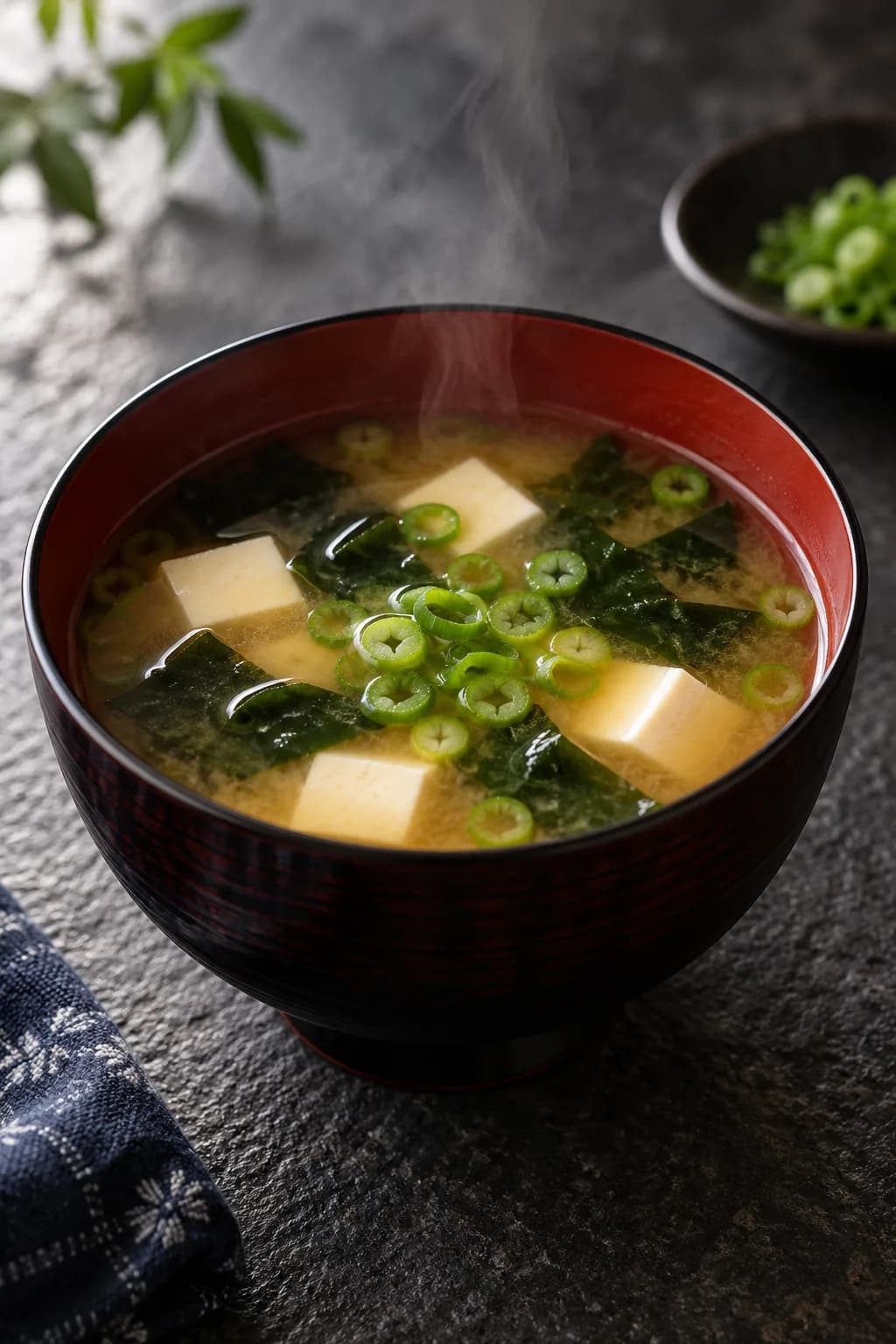 Japanese miso soup made from real dashi in a traditional ceramic bowl — clear golden-amber miso broth showing the characteristic transparency of proper dashi-based miso soup (not the cloudy version from commercial dashi), with soft cubes of white silken tofu, two small pieces of wakame seaweed rehydrated to deep green, and thin scallion rings floating on top, steam rising