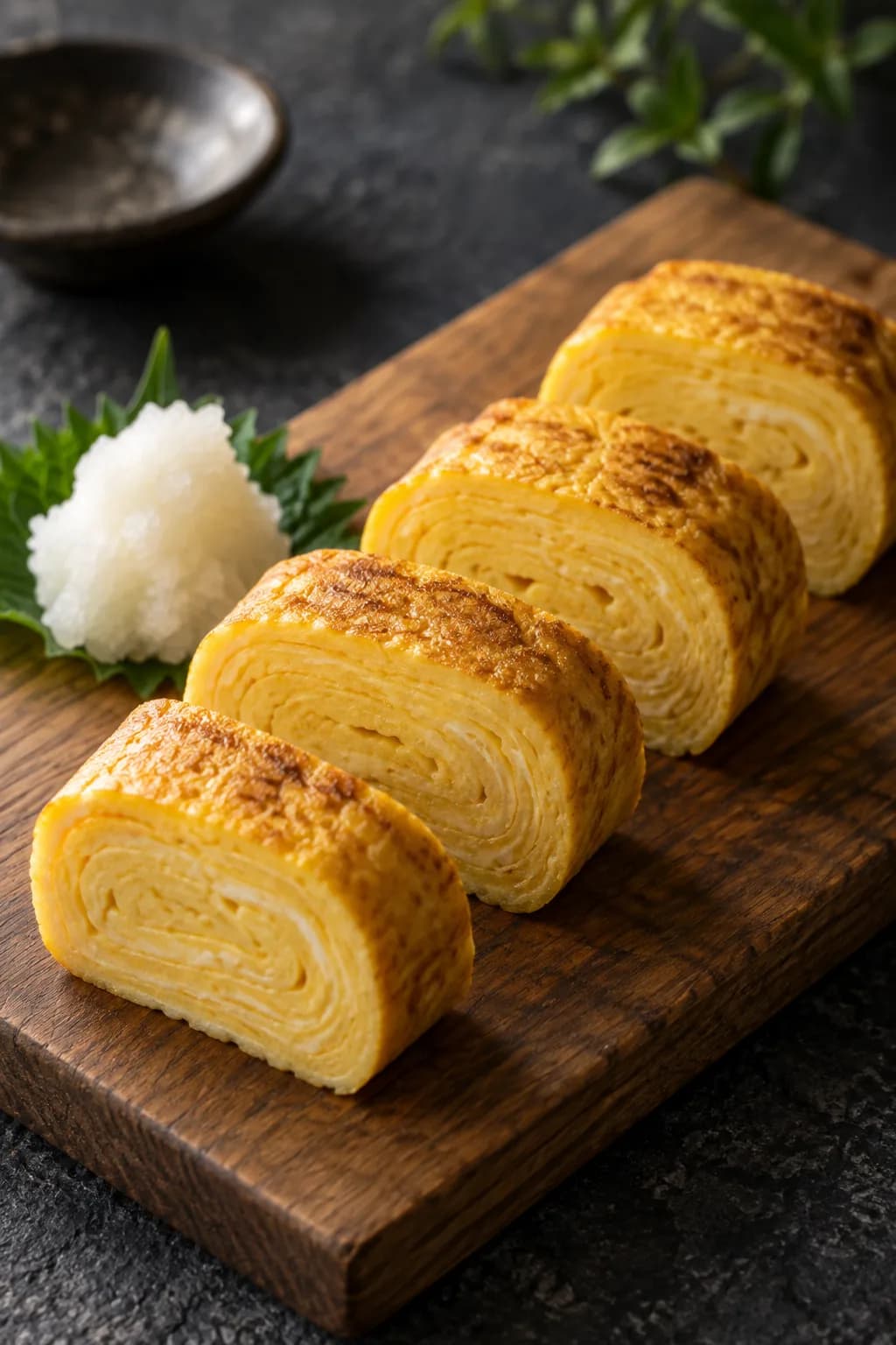 Japanese dashimaki tamago rolled egg on a cutting board just sliced — four round cross-sections showing the characteristic layered interior from the rolling technique, the golden-yellow egg with very slight browning on the outer surface, the faint translucent layers visible in each slice, the soft custard-like texture apparent from the way the egg surface glistens, a small dish of grated daikon and soy sauce beside it