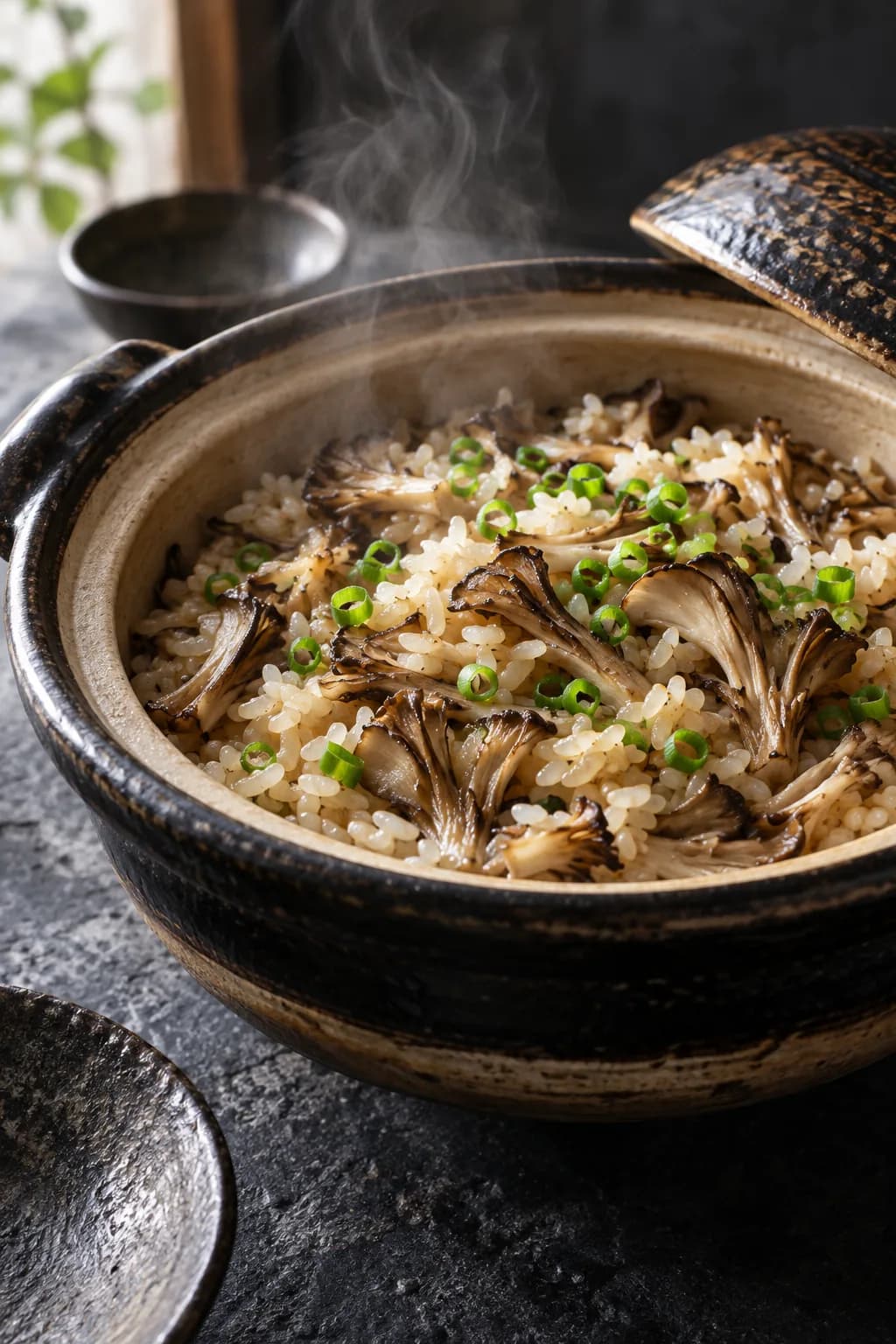 Japanese maitake gohan mushroom rice in a rice cooker pot — white short-grain rice with brown maitake mushroom pieces distributed throughout, the rice surface showing the slight gloss from soy sauce and butter, a few frilly maitake mushroom edges visible, scattered with thin scallion rings and sesame seeds