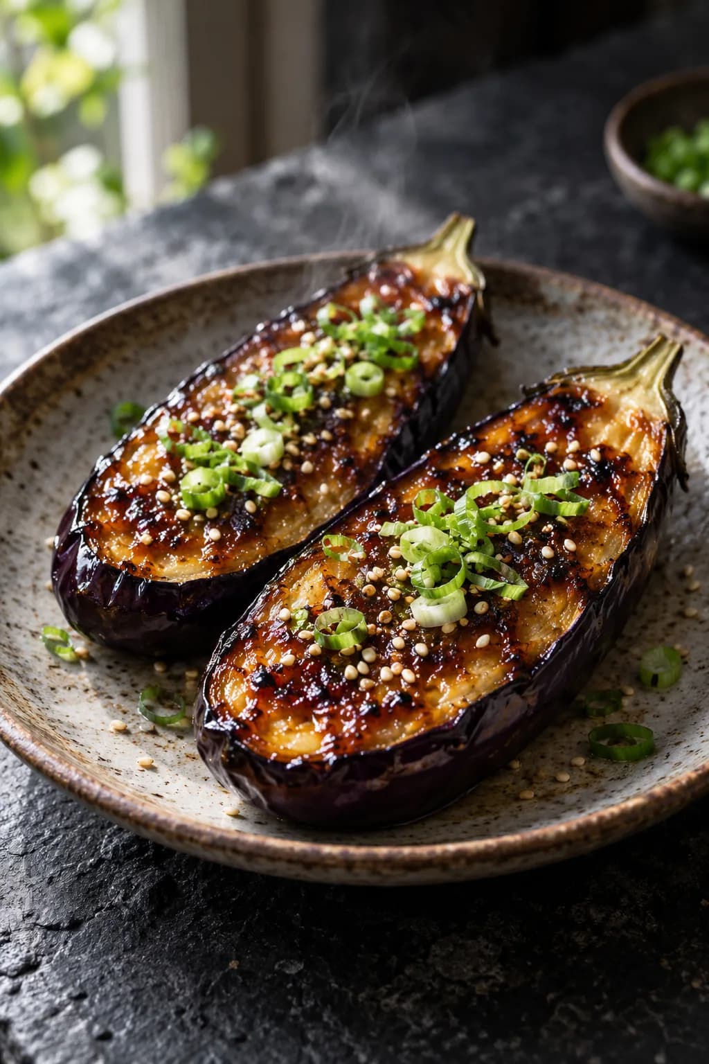 Nasu dengaku miso-glazed eggplant halves on a ceramic plate — deep purple skin, caramelized dark amber miso glaze on the top, garnished with sesame seeds and thin sliced scallion