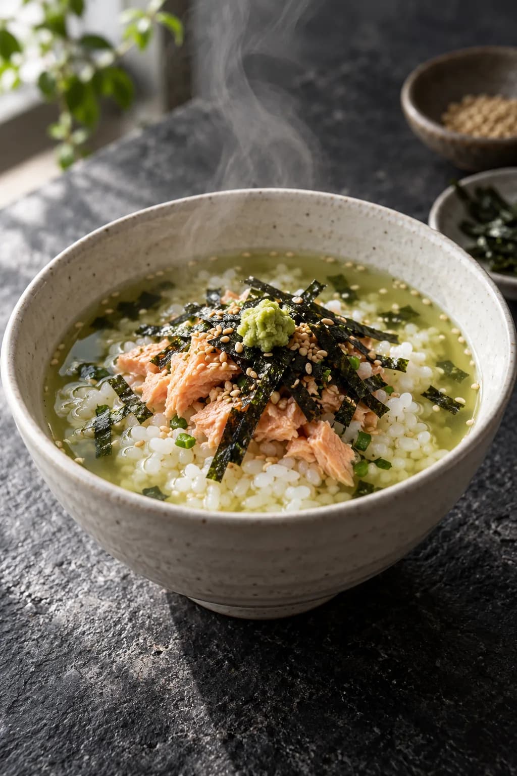 Japanese ochazuke in a white bowl — steaming green tea poured over white rice with salmon flakes, torn nori, sesame seeds, and a small dab of wasabi, showing the tea-soaked rice from slightly above