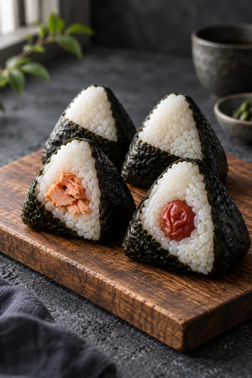 Four triangular onigiri rice balls wrapped in nori arranged on a wooden board — two classic plain, one with visible salmon filling, one with umeboshi, sesame seeds scattered around