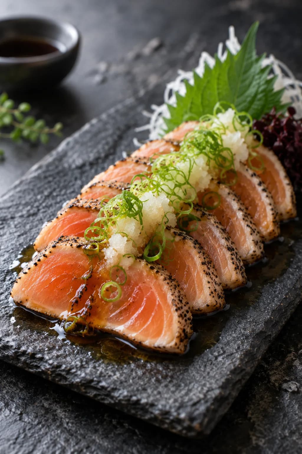 Japanese salmon tataki on a dark slate plate — thin slices of salmon showing seared exterior and pink-raw interior, arranged overlapping, topped with grated white daikon, sliced scallions, and a drizzle of amber ponzu sauce, with a small dish of extra ponzu alongside