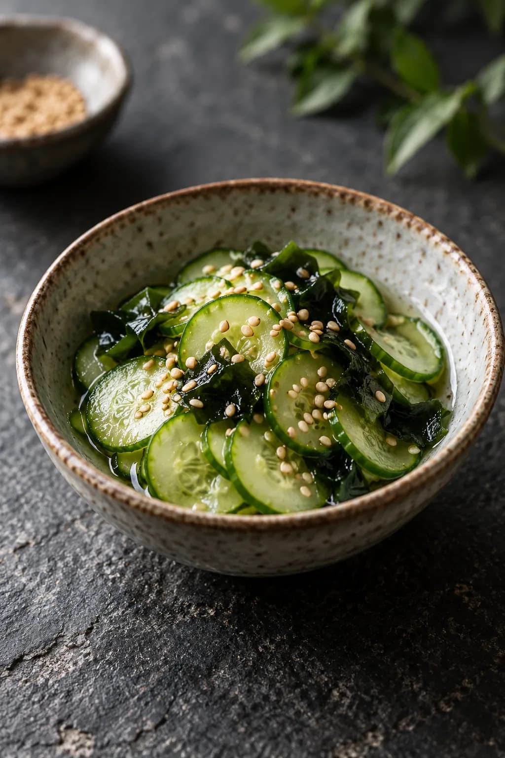 Japanese sunomono cucumber salad in a small bowl — very thin cucumber rounds in a clear rice vinegar dressing, topped with a sprinkle of sesame seeds and a piece of wakame seaweed, chilled and glistening
