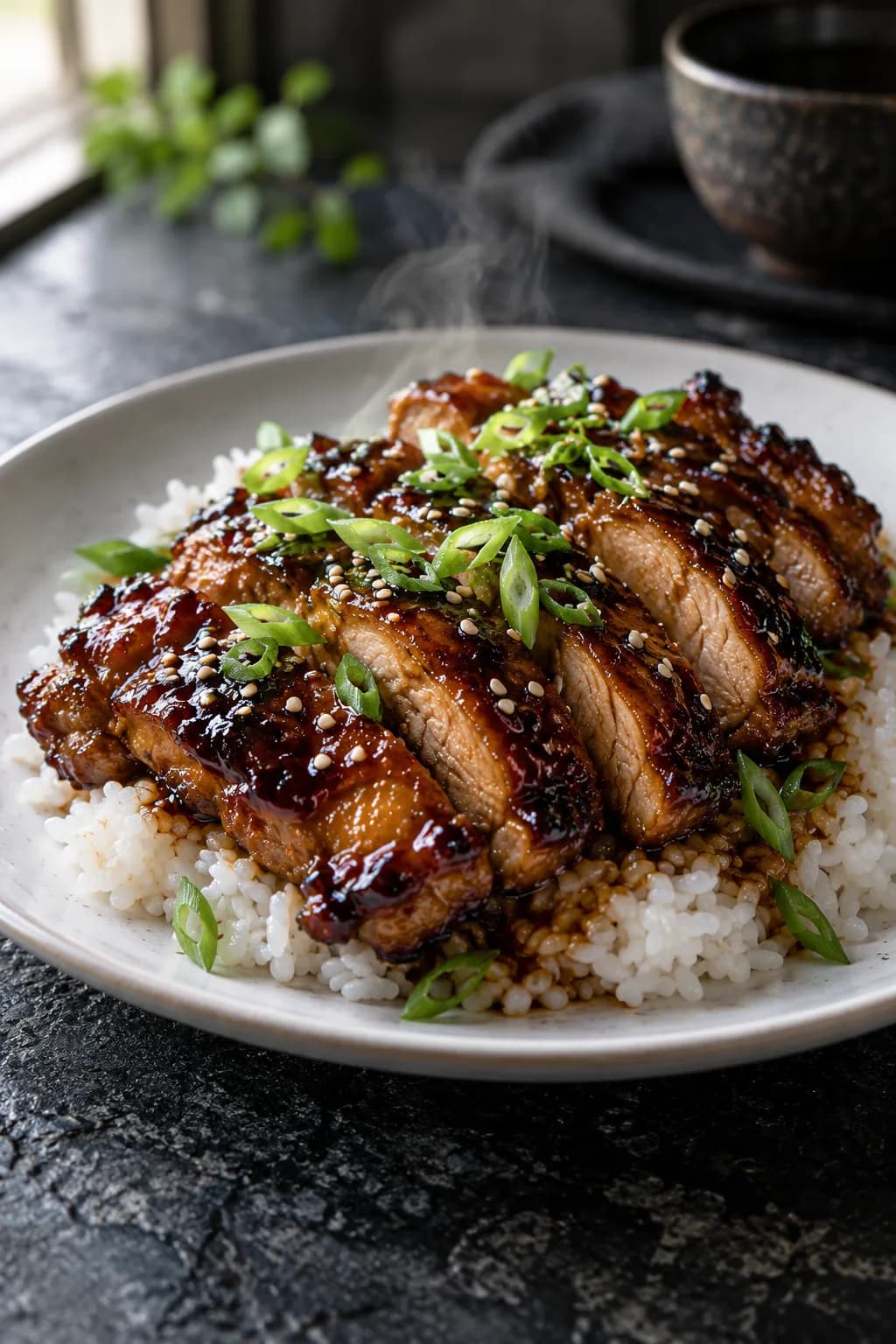 Homemade teriyaki chicken with glossy soy-mirin glaze — sliced chicken thighs on a cutting board.