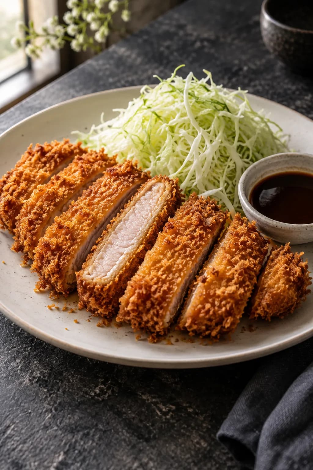 Japanese tonkatsu pork cutlet on a white plate — thick breaded pork loin sliced into strips, golden-brown shatteringly crisp panko crust, beside a mound of finely shredded cabbage, tonkatsu sauce in a small dish, white rice and miso soup in the background showing the classic tonkatsu teishoku set