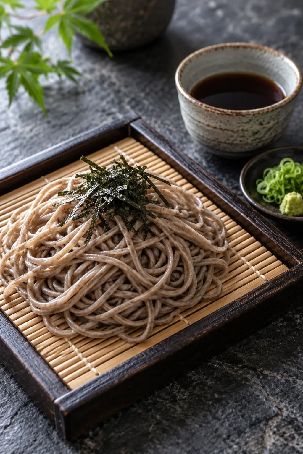 Cold zaru soba on a bamboo mat — dark buckwheat noodles with green onion and wasabi, tsuyu dipping sauce in a small ceramic cup alongside.