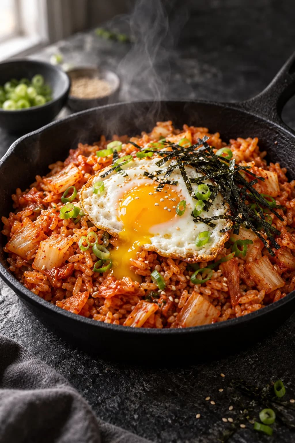 Kimchi bokkeumbap in a cast iron skillet with a fried egg on top, sesame seeds, and sliced green onion