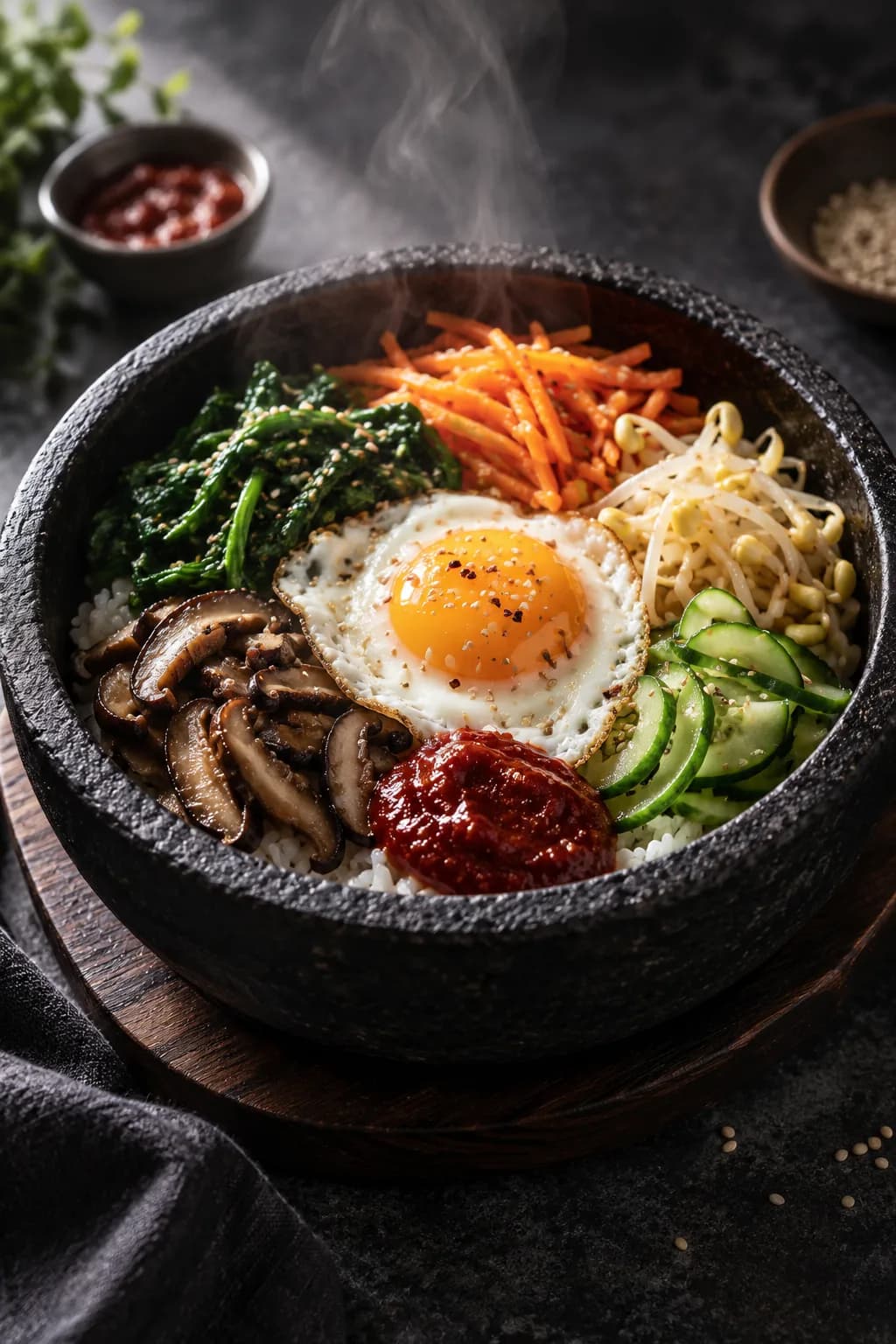 Korean bibimbap in a dolsot stone bowl — white rice with precisely arranged sections of seasoned spinach, carrots, bean sprouts, cucumber, shiitake mushrooms, marinated beef, fried egg in the center, and bright red gochujang sauce in the middle