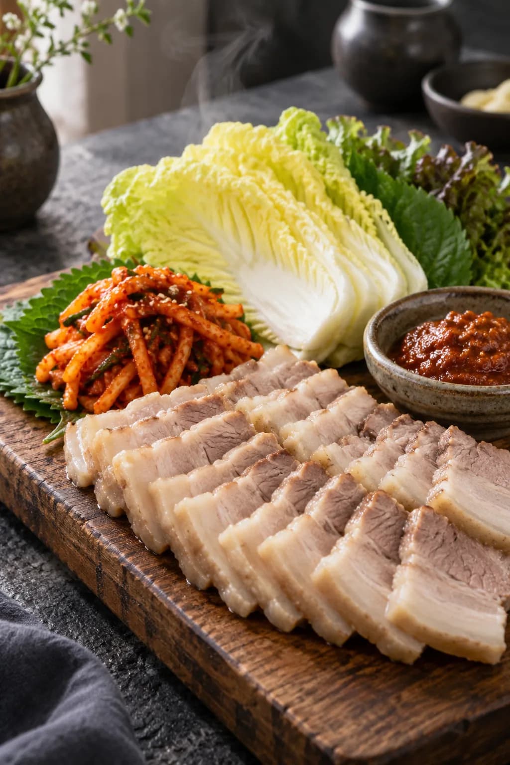 Korean bossam boiled pork belly sliced thin on a wooden board, with napa cabbage leaves, fresh kkakdugi radish kimchi, and a small bowl of ssamjang visible beside it