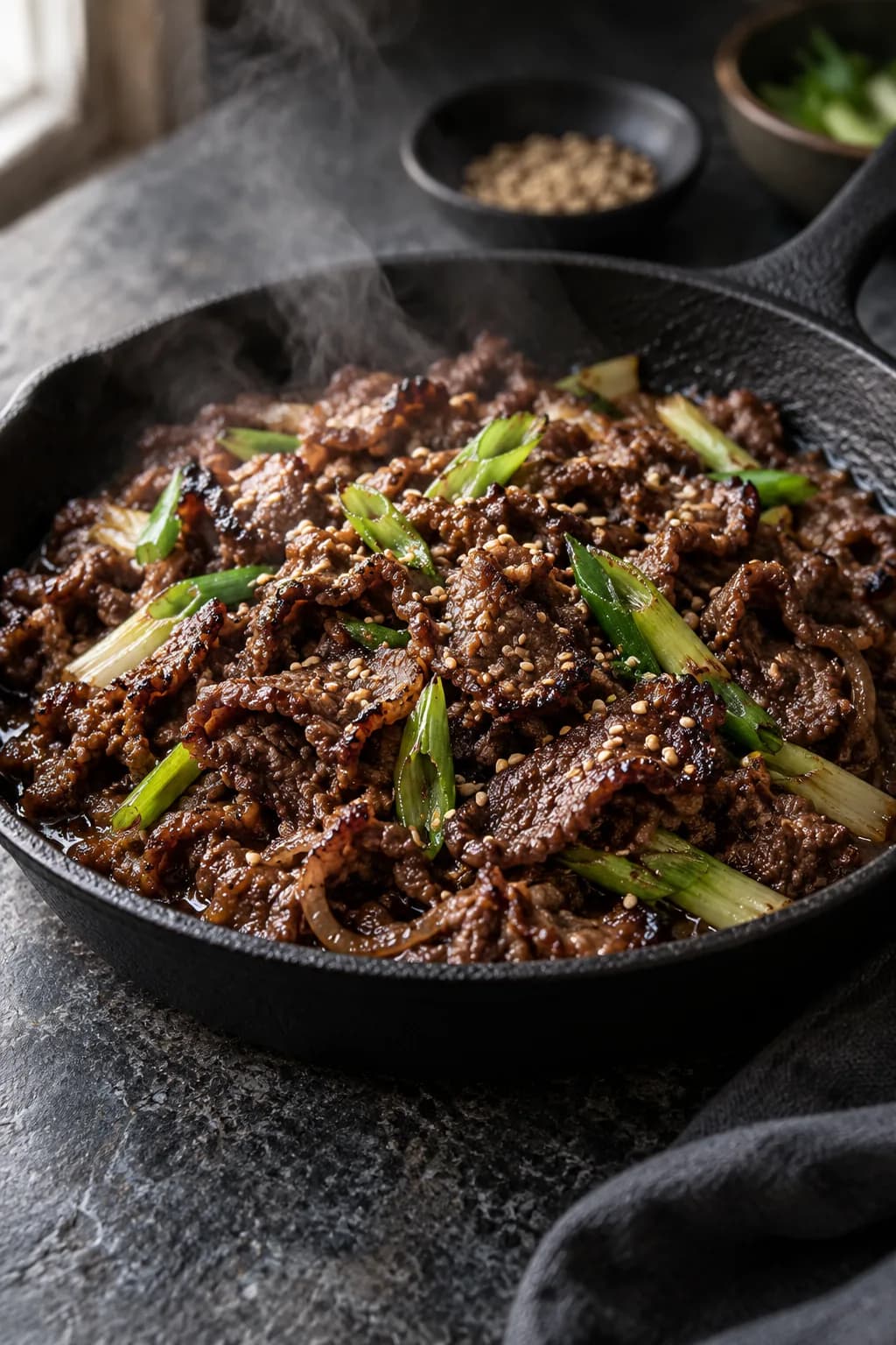 Korean bulgogi in a cast iron pan — thin slices of beef with caramelized edges and glossy soy-sesame marinade coating, scallion pieces mixed in, sesame seeds scattered throughout, the characteristic golden-brown caramelization from the high-heat cook visible on the beef surfaces, served with white rice in the background