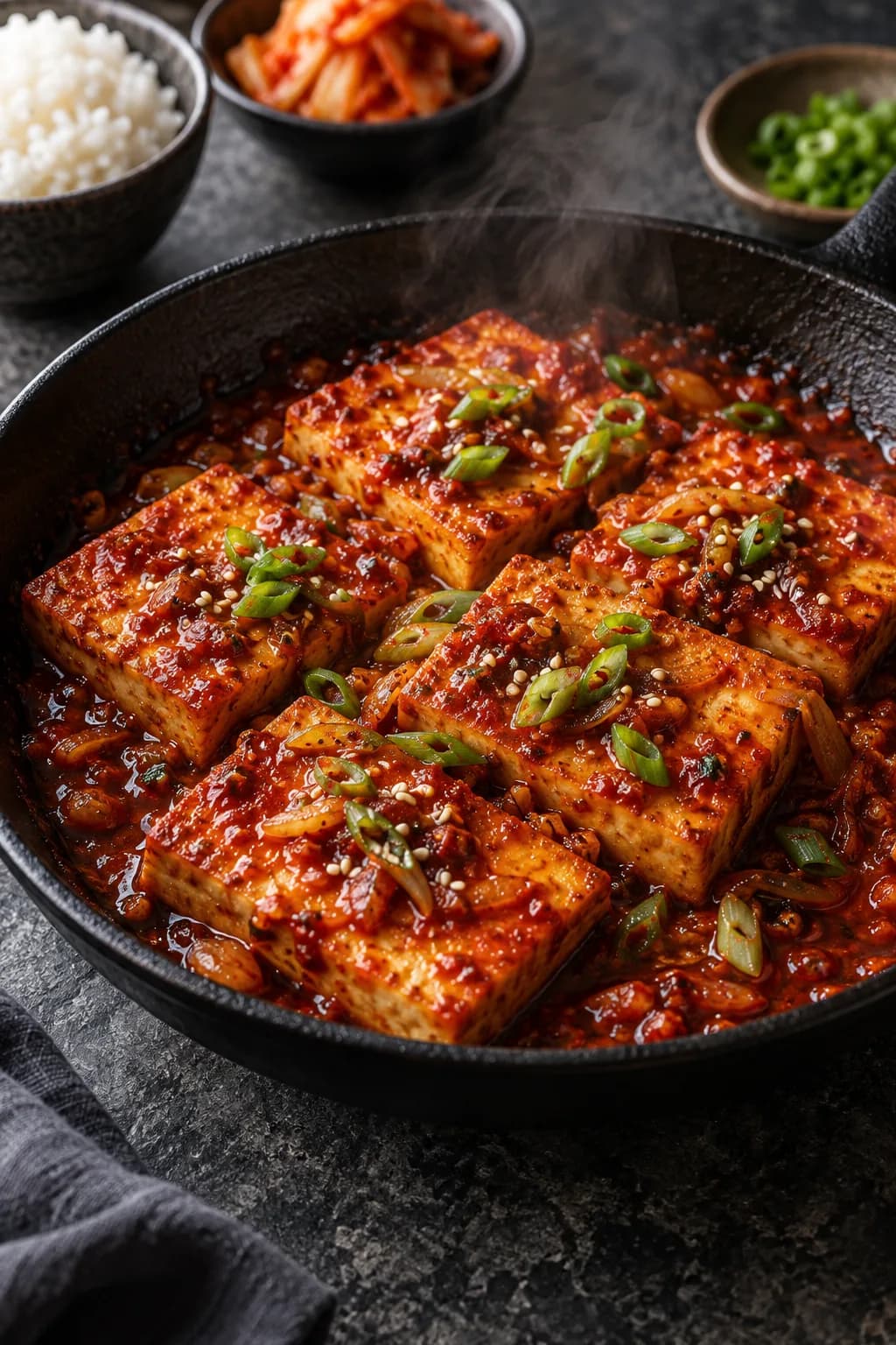 Korean dubu jorim braised tofu in a black skillet — golden-brown rectangular tofu slices coated in a vivid red-orange gochugaru-soy glaze, the sauce visibly thick and caramelized around the edges of each piece, with visible minced garlic and scallion rounds embedded in the glaze, sesame seeds scattered across the top