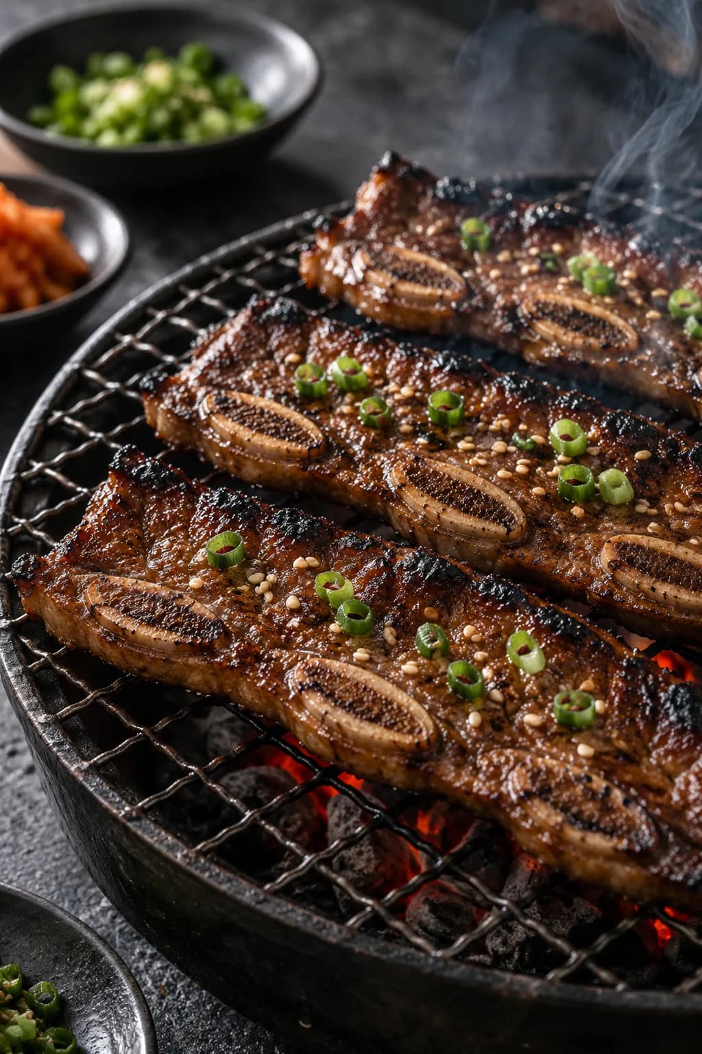 A cast iron grill pan with bulgogi strips cooking on a home stovetop, with smoke rising