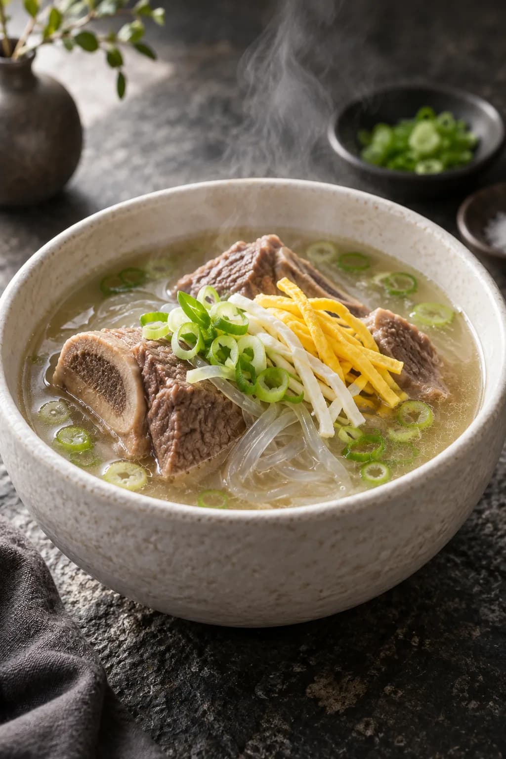 Korean galbitang in a stone bowl — pale ivory clear broth, tender bone-in beef short rib pieces, translucent dangmyeon glass noodles, thin jidan egg strips and sliced scallions on top, the broth crystal-clear showing proper preparation technique