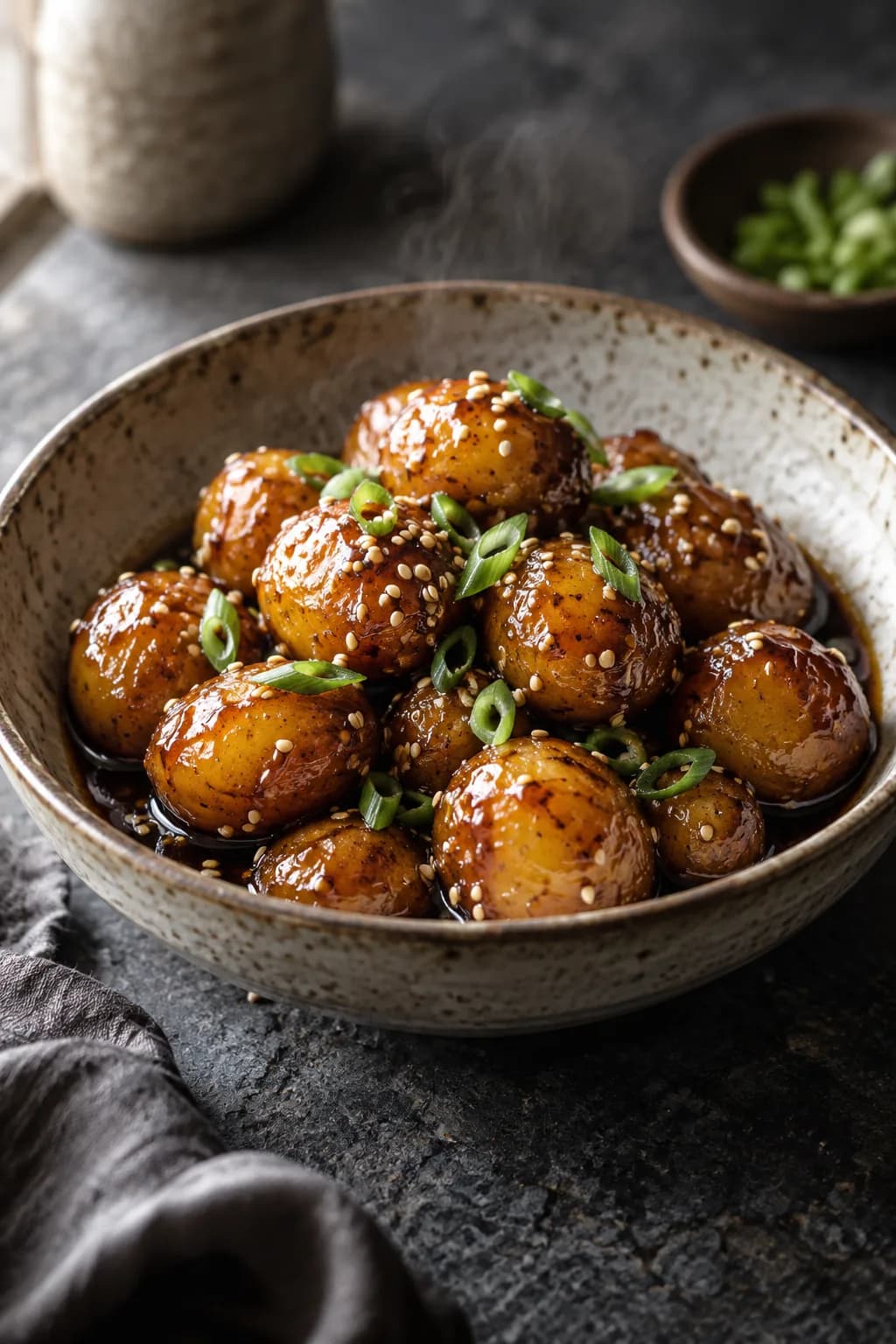 Korean gamja jorim braised potatoes in a ceramic bowl — small round potatoes with a deep mahogany-brown lacquered glaze, glossy from the soy-sugar-sesame reduction, sesame seeds scattered on top, a few thin chili pepper rings for mild heat, showing the characteristic sticky glaze that makes this Korean banchan one of the most recognizable