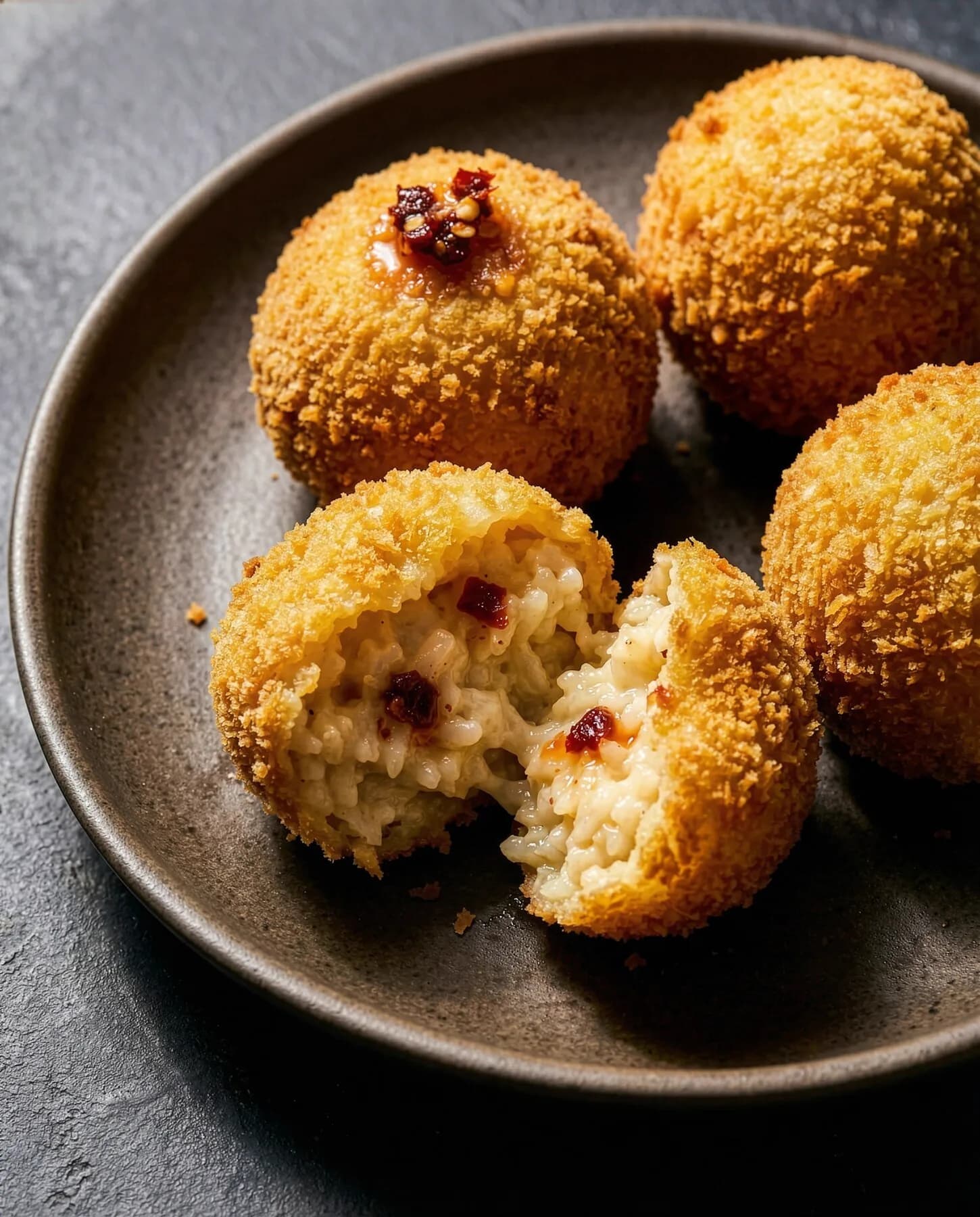Korean-Italian arancini on a wooden board — golden crispy rice balls, one cut in half showing kimchi and cheese filling, gochujang aioli in a small bowl alongside.