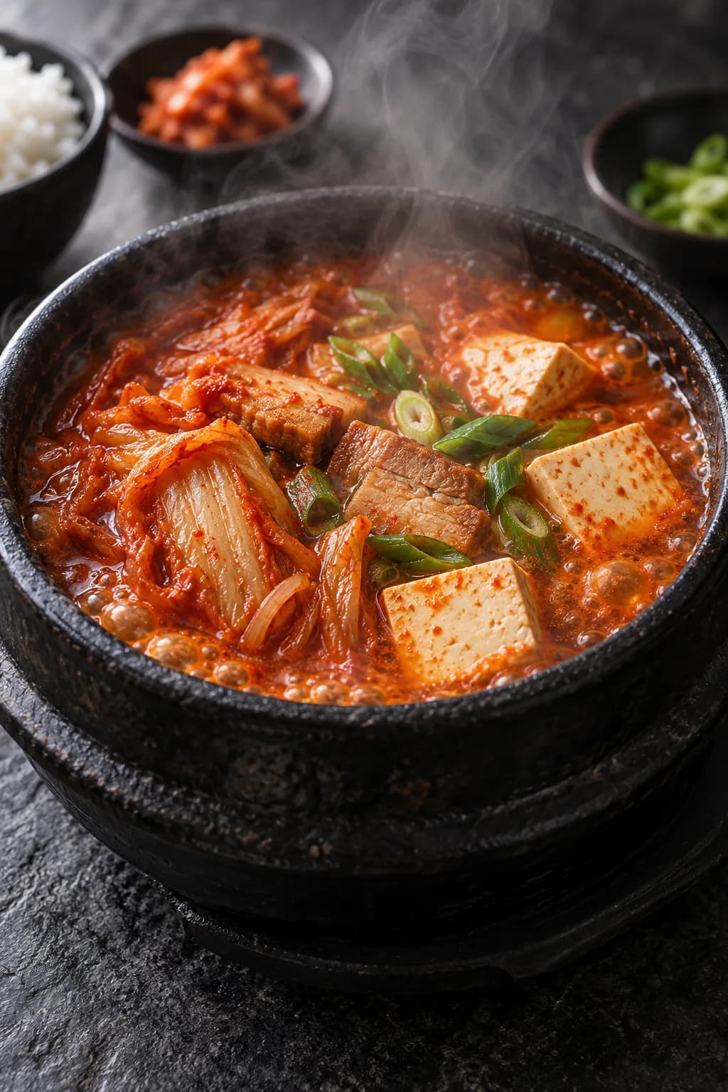 Kimchi jjigae bubbling in a black stone pot on a wooden table — deep red broth, chunks of aged kimchi, slices of pork belly, and cubes of soft tofu, with a bowl of white rice beside it.