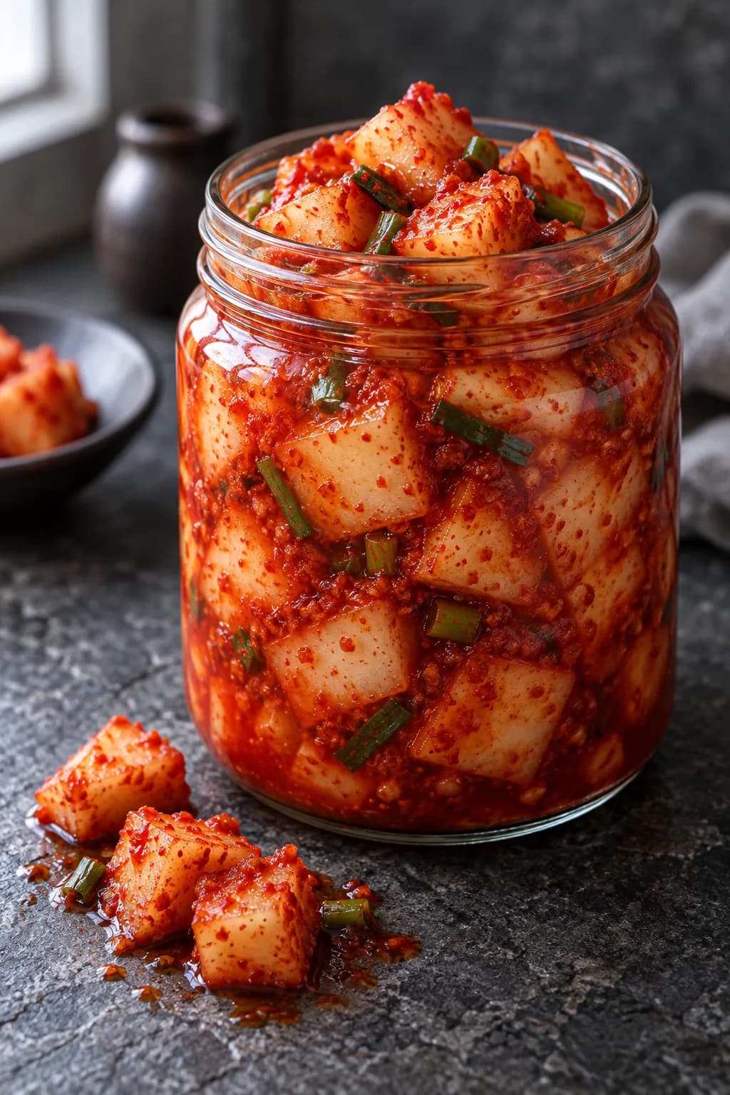 Korean kkakdugi radish cube kimchi in a glass jar — bright red gochugaru-coated white Korean radish cubes packed tightly in a jar, the characteristic orange-red color of the chili paste coating each cube visible, brine beginning to form around the cubes, a cross-section of a radish cube showing the white interior contrasting with the red exterior coating