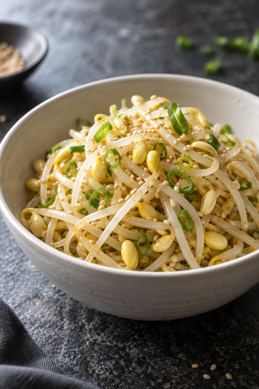 Korean kongnamul bean sprout namul in a white ceramic bowl — pale yellow soybean sprouts with their characteristic long tails, glistening with sesame oil, scattered with thin-sliced scallion rings and sesame seeds, the simple elegant presentation of this essential Korean banchan