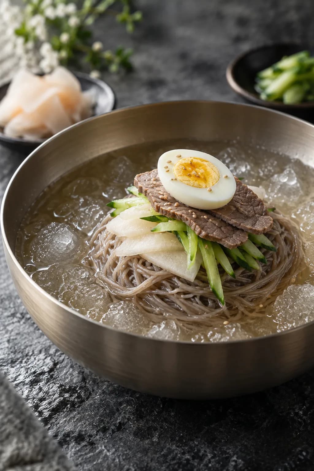 Korean mul naengmyeon cold buckwheat noodles in a wide metal bowl — grey-brown chewy buckwheat noodles submerged in a clear icy cold beef broth, topped with a sliced hard-boiled egg, long cucumber julienne strips, pink pickled radish, and a half-slice of Korean pear, sesame seeds on top, ice chips floating in the broth