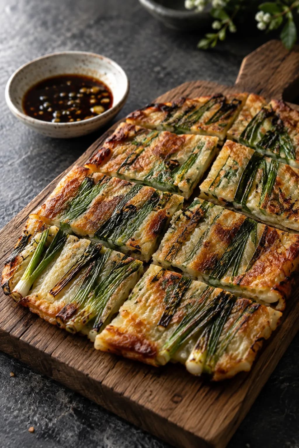 Korean pajeon scallion pancake cut into squares on a cutting board — golden-brown round pancake with whole scallion stalks visible running through the batter, served with a small ceramic bowl of dark vinegar-soy dipping sauce with sesame seeds