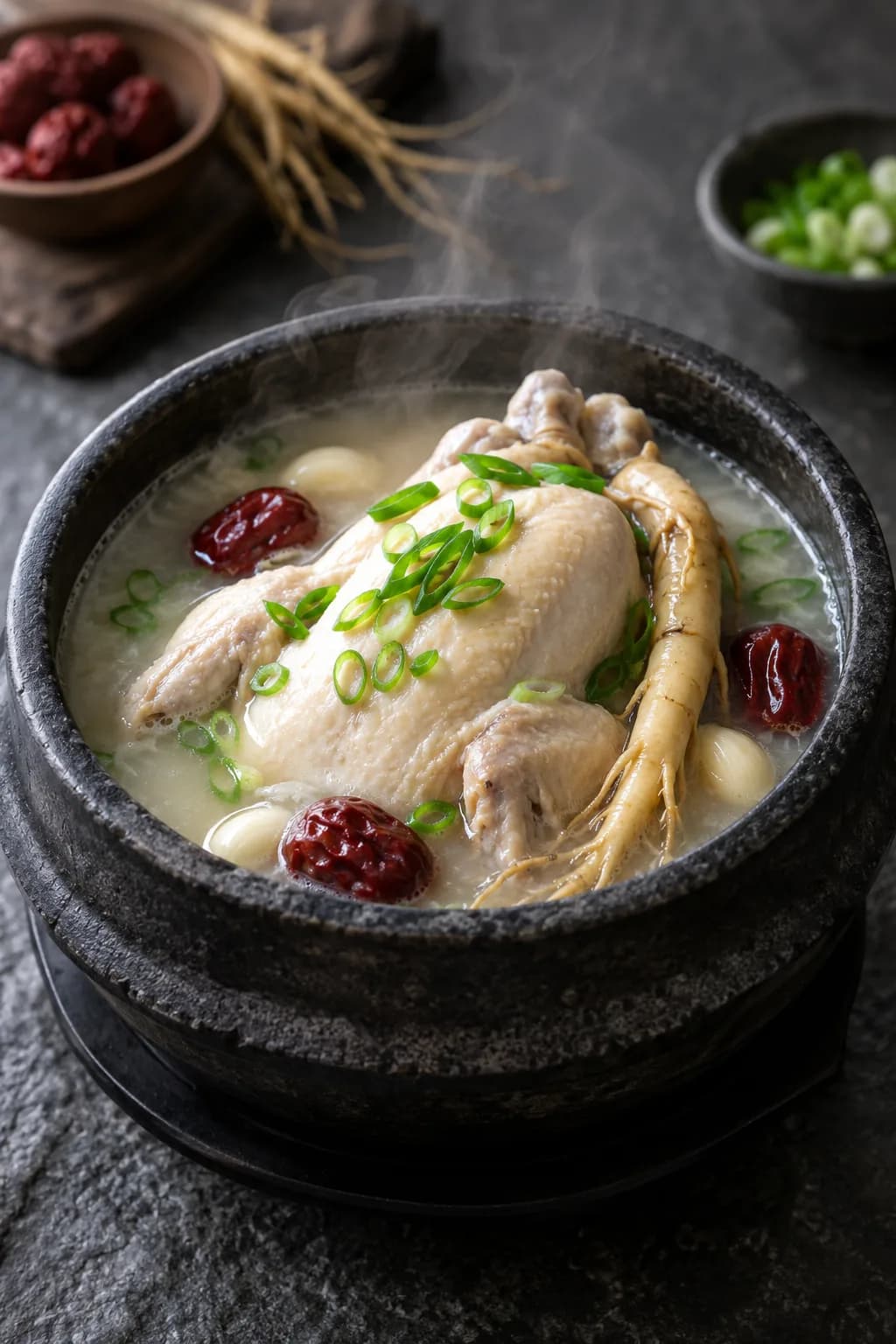 Korean samgyetang ginseng chicken soup in a stone dolsot pot — a whole small young chicken submerged in milky-white broth, ginseng root and red jujube dates visible in the broth, served with a small dish of flaky sea salt and sliced scallions alongside