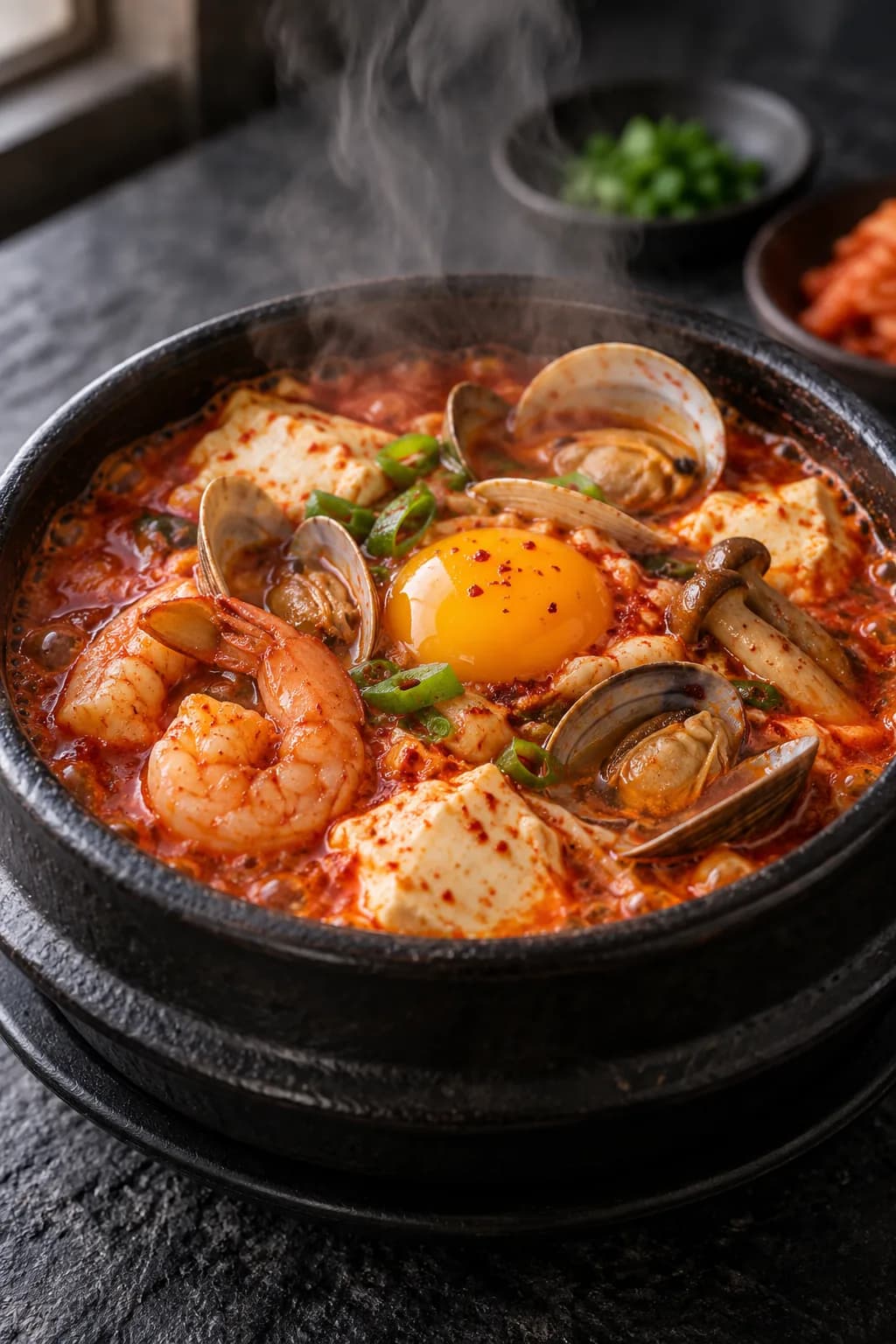 Korean soondubu jjigae soft tofu stew in a stone dolsot pot — bright red spicy broth with silken tofu pieces, shrimp, clams, and mushrooms, with a raw egg cracked in the center, served with a bowl of white rice alongside, showing the characteristic stone pot presentation
