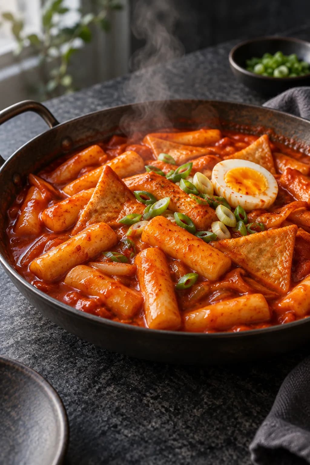 Korean tteokbokki in a wide flat pan — cylindrical white rice cakes coated in vivid red-orange gochujang sauce with fishcake pieces and a whole boiled egg visible, the sauce thick and glossy from reduction, scallion garnish on top showing the classic Korean street food presentation
