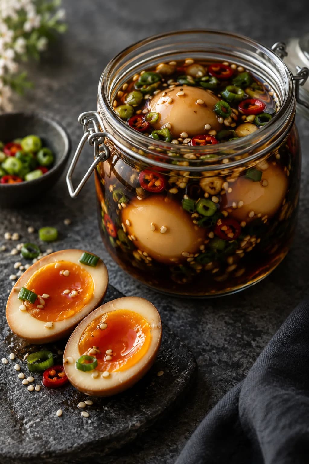Mayak gyeran Korean soy sauce eggs in a glass jar with dark soy marinade, halved to show jammy dark yolk with caramel-colored edges