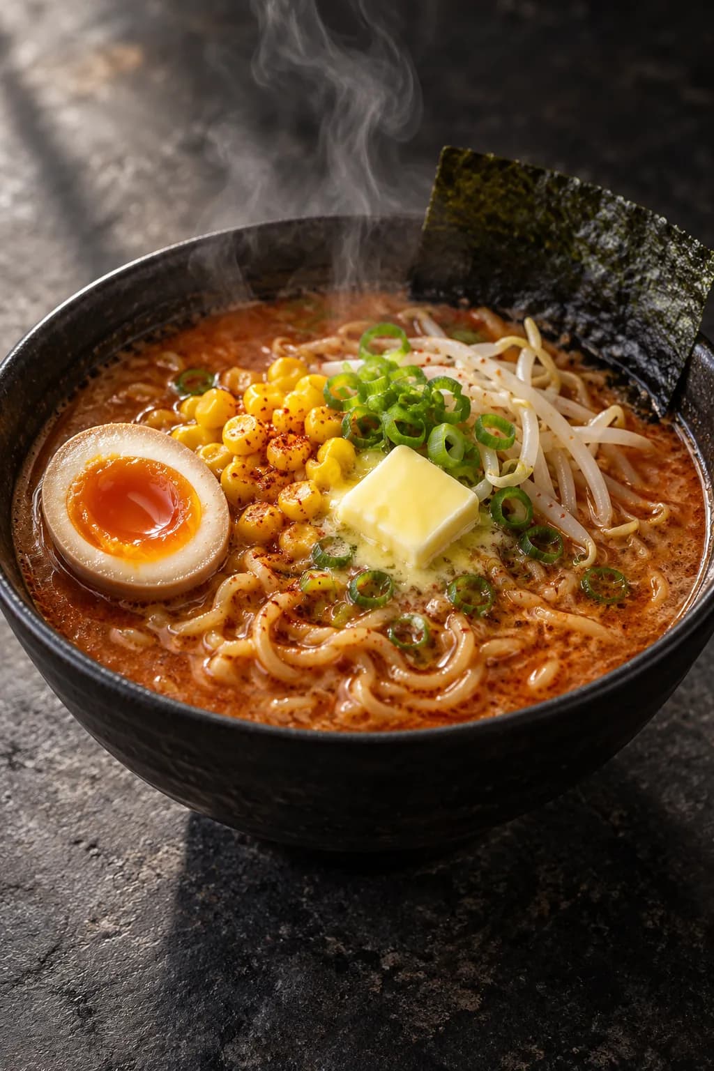 A bowl of miso ramen with chashu pork, soft-boiled egg, corn, pat of butter, and nori in a rich amber broth