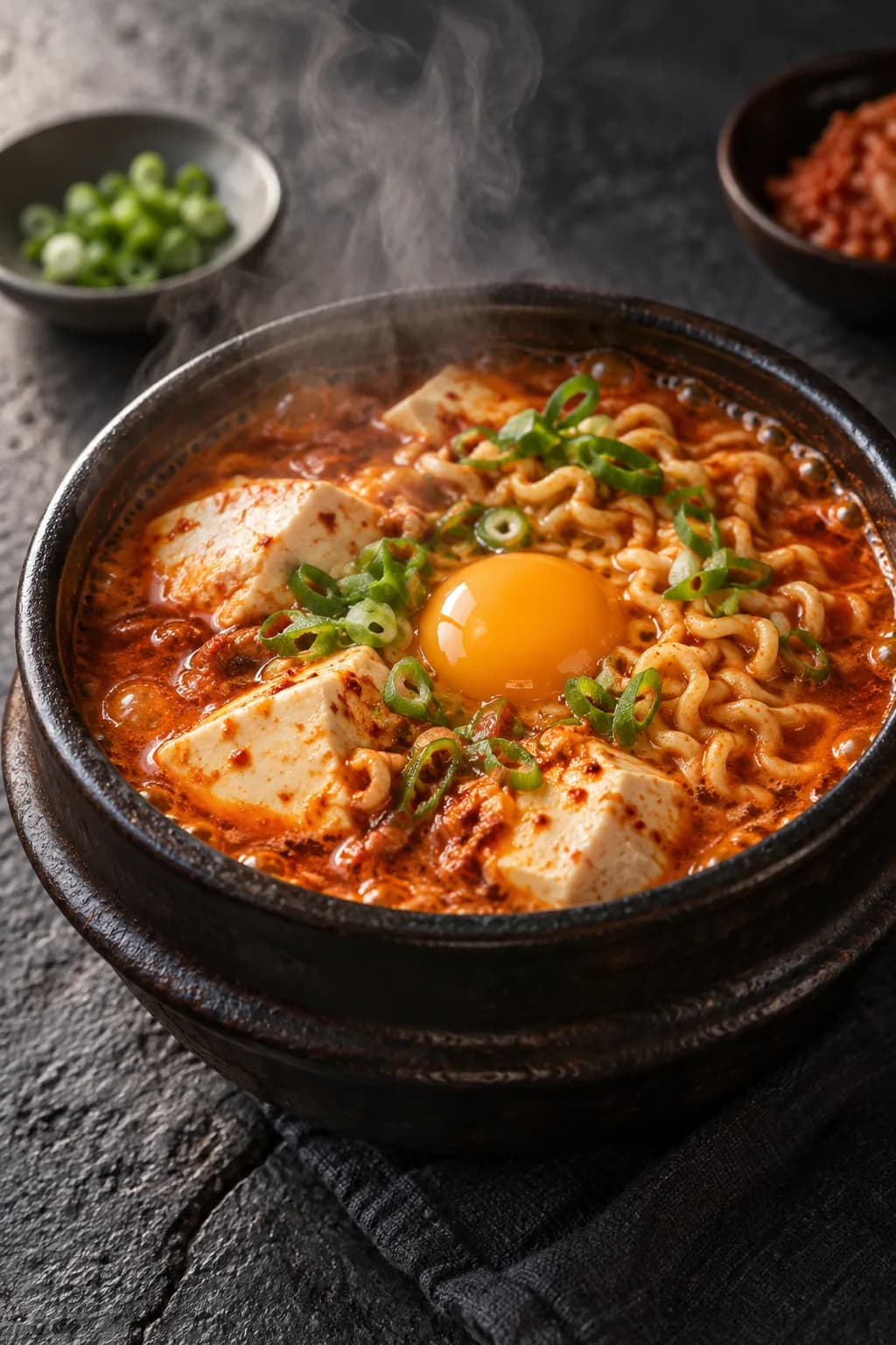 Earthenware bowl of sundubu jjigae ramen with a raw egg cracked on top, soft silken tofu, and fresh ramen noodles in a deep orange-red broth