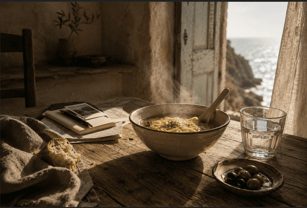 A steaming bowl of noodle soup on a wooden table beside a notebook, a piece of bread, and a small dish of olives — an open door framing the sea behind.