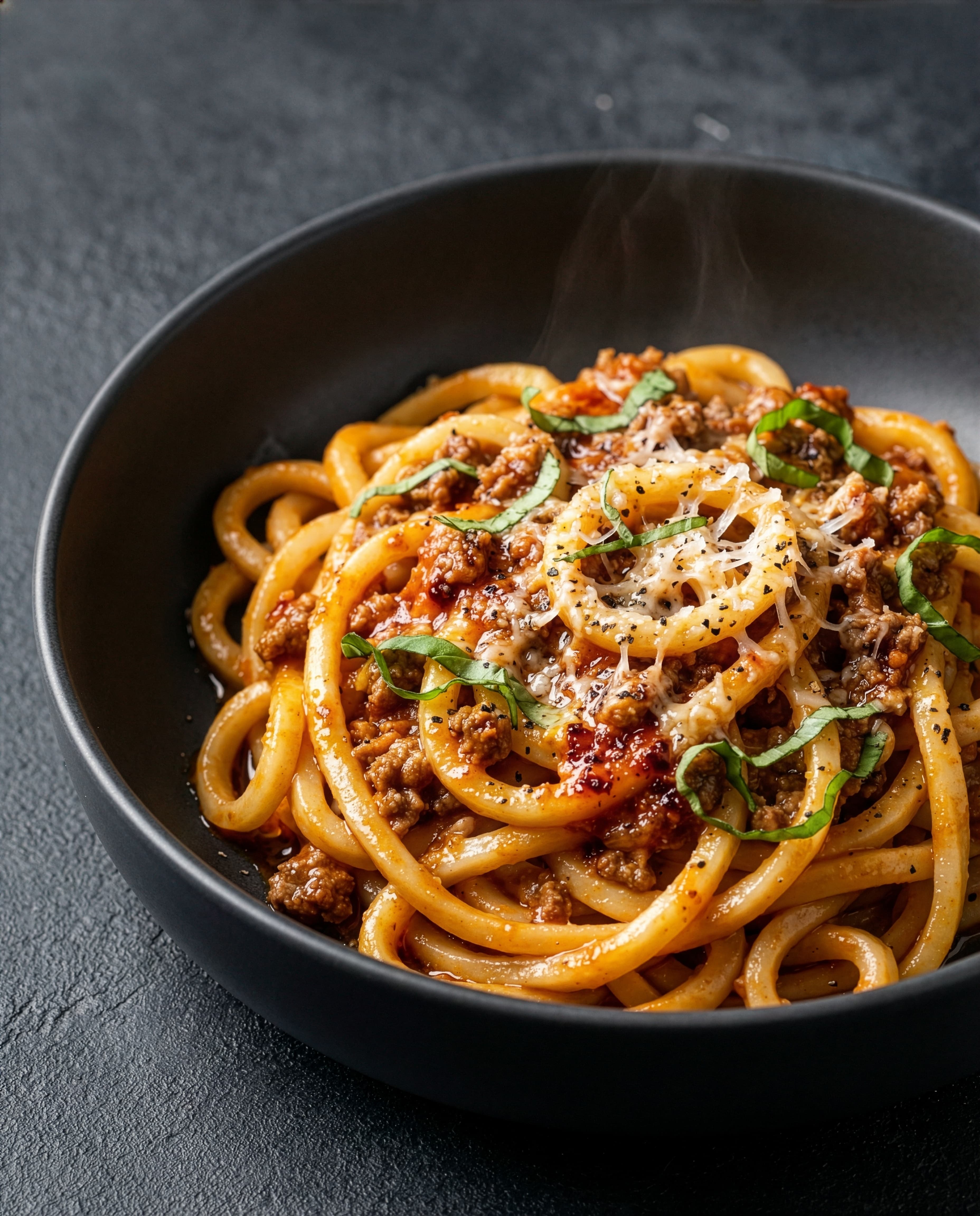 Udon Bolognese — thick udon in rich Italian ragù