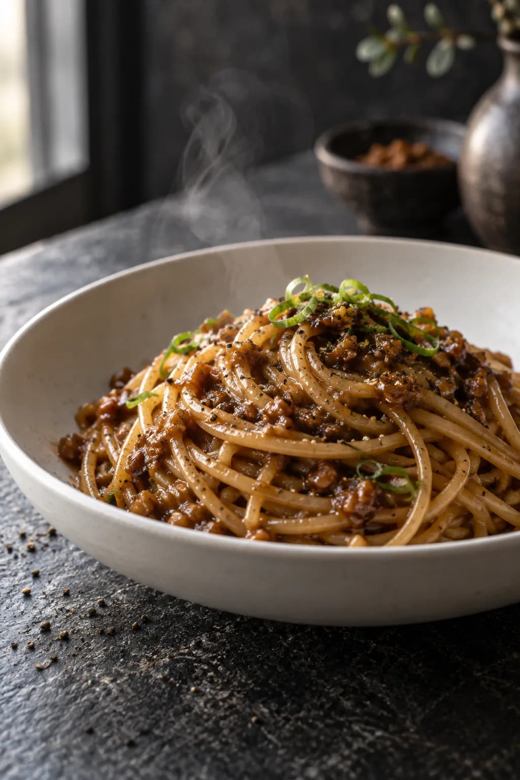 Glossy twirled spaghetti coated in a dark, silky doenjang sauce with visible cracked black pepper, served in a shallow white bowl