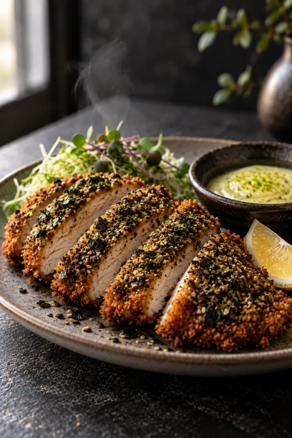 Furikake-crusted chicken katsu sliced into strips on a plate, dark green-and-sesame furikake crust visible in cross-section against golden fried panko, a small bowl of pale yellow-green yuzu kosho aioli alongside for dipping