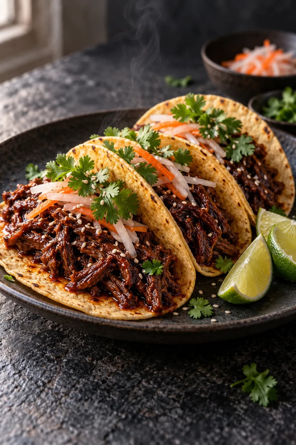 Gochujang braised short rib taco — shredded braised beef in a corn tortilla with quick-pickled daikon, cilantro, and sesame.