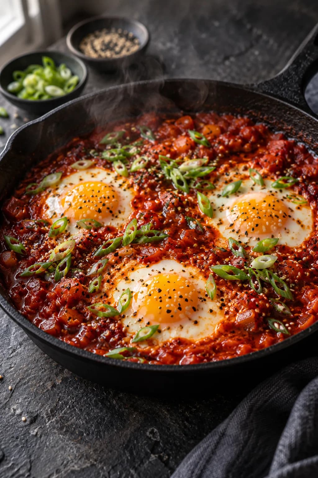 Gochujang shakshuka in a cast iron pan — three eggs poached in a bubbling red tomato-gochujang sauce with scallions and sesame seeds, steam rising.
