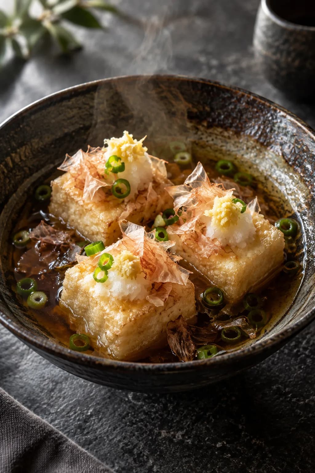 Japanese agedashi tofu in a deep ceramic bowl — three cubes of fried silken tofu showing the characteristic semi-dissolved potato starch coating at the edges where it meets the dashi broth, the tofu white inside visible where the crust is thinnest, the amber dashi-soy tsuyu broth surrounding them, small mounds of finely grated daikon and ginger on top, a few katsuobushi bonito flakes draped over, scallion rings floating