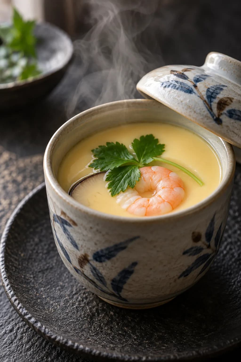 Japanese chawanmushi steamed egg custard in a ceramic lidded cup — lid just lifted showing perfectly smooth pale yellow surface with a shrimp and mitsuba herb visible through the translucent custard, steam rising, showing the mirror-flat surface that indicates correct steaming temperature