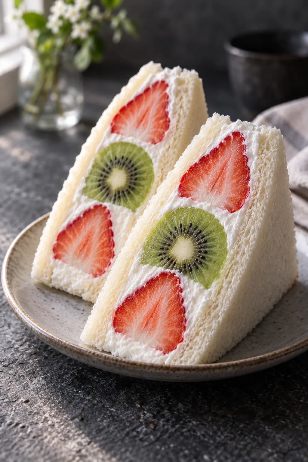Japanese fruit sando cut diagonally to reveal a cross-section of strawberries and kiwi rounds embedded in white whipped cream between thick shokupan bread