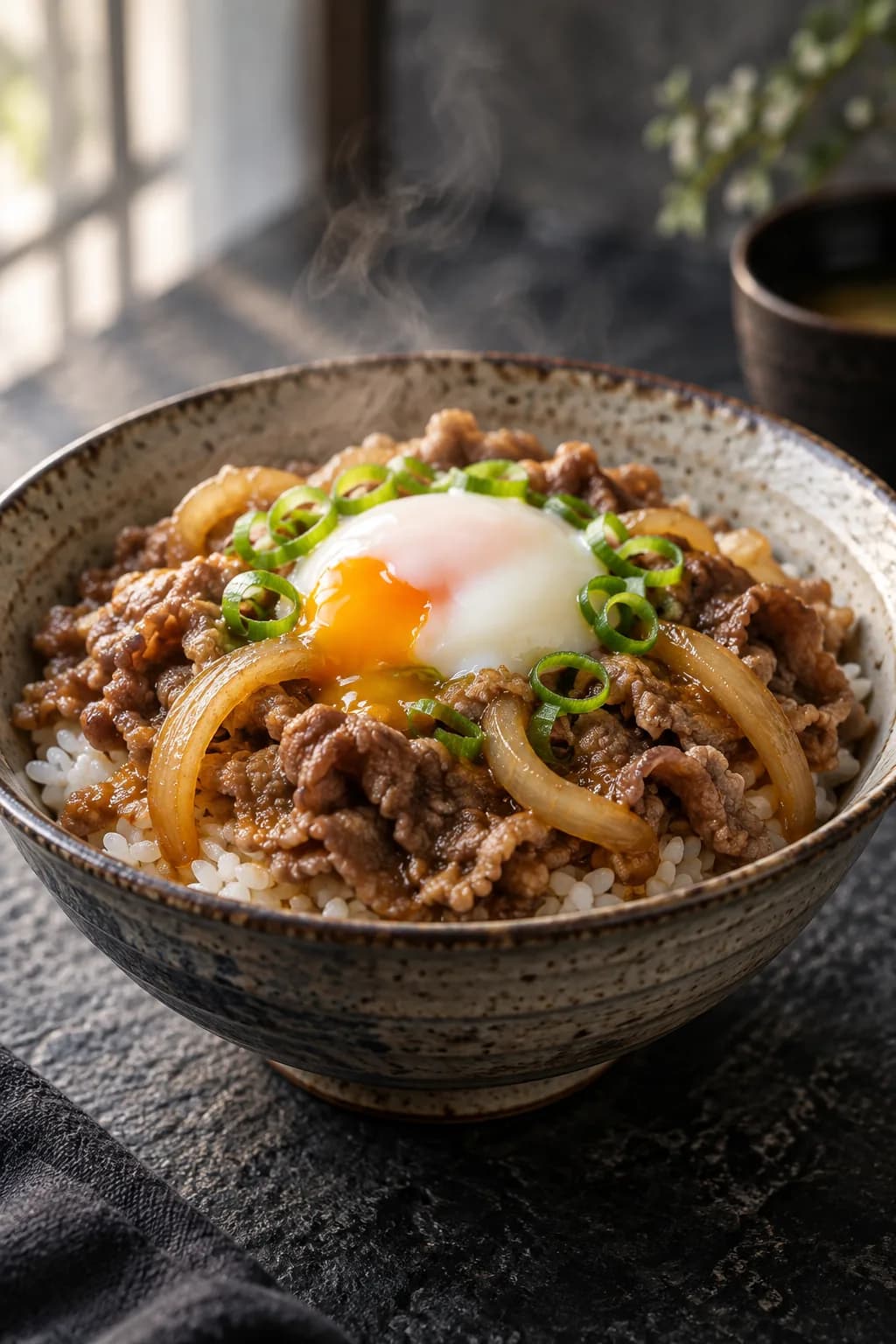 Japanese gyudon beef rice bowl in a wide ceramic bowl — soft-cooked onion and thinly sliced beef in a sweet amber soy broth over white rice, with a half-cooked onsen tamago egg on top