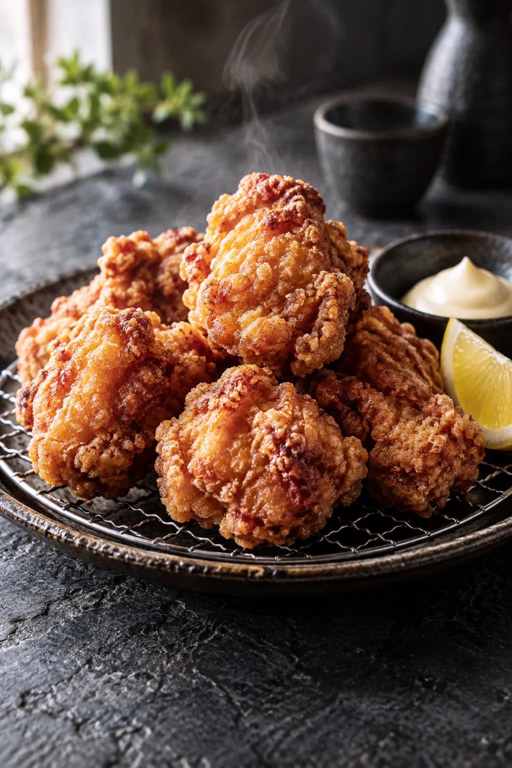 Japanese karaage fried chicken pieces on a wire rack — golden-brown, craggy-surfaced double-fried chicken thigh pieces with characteristic shatteringly crisp potato starch coating, a wedge of lemon and kewpie mayo alongside, showing the light, intensely crispy coating that distinguishes karaage from Western fried chicken