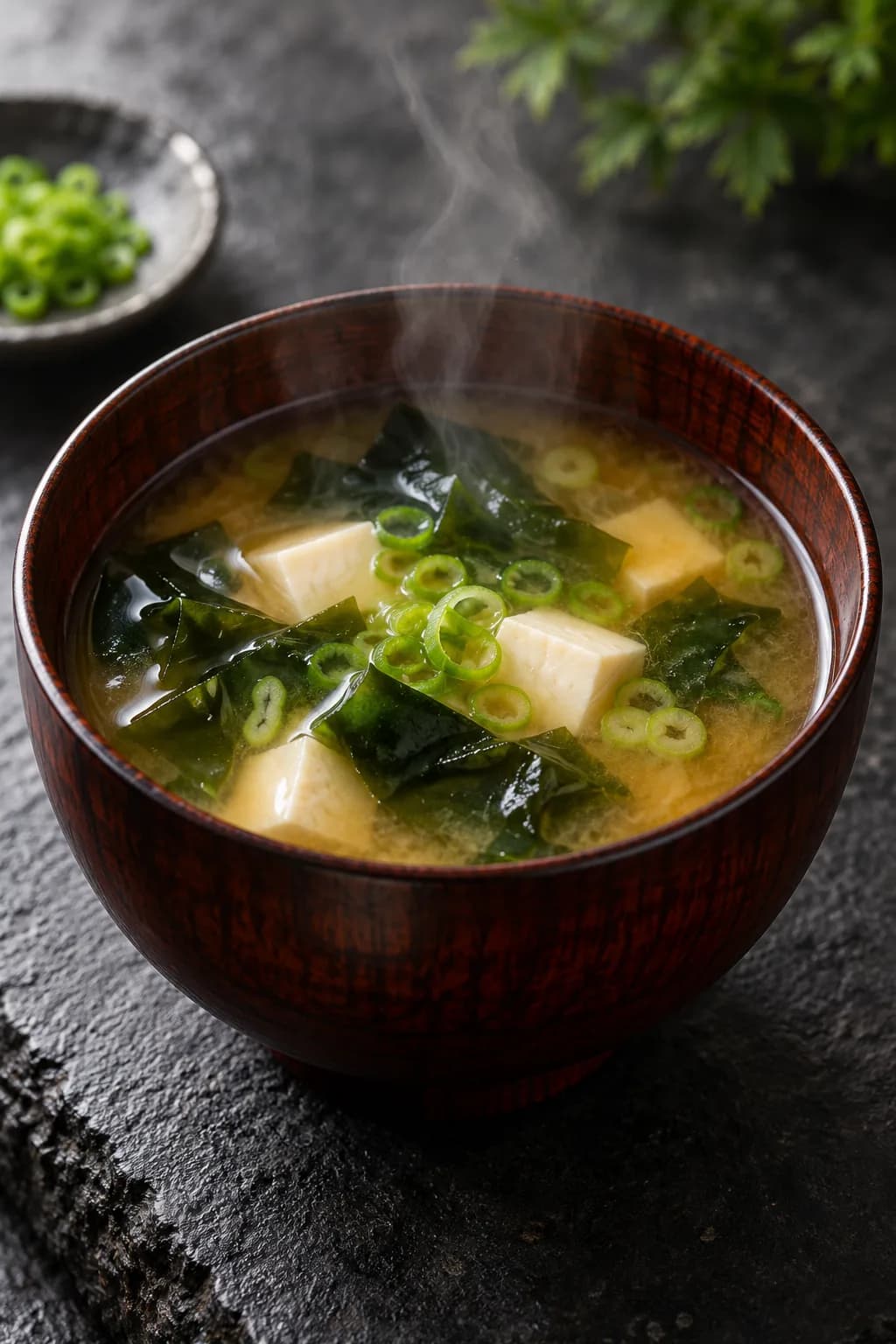 Japanese miso soup in a lacquered wooden bowl — clear golden-brown dashi broth with soft silken tofu cubes, rehydrated wakame seaweed showing its deep green color, thinly sliced scallion floating on top, the characteristic slight cloudiness of dissolved miso visible in the broth, traditional Japanese setting with chopsticks resting on the rim