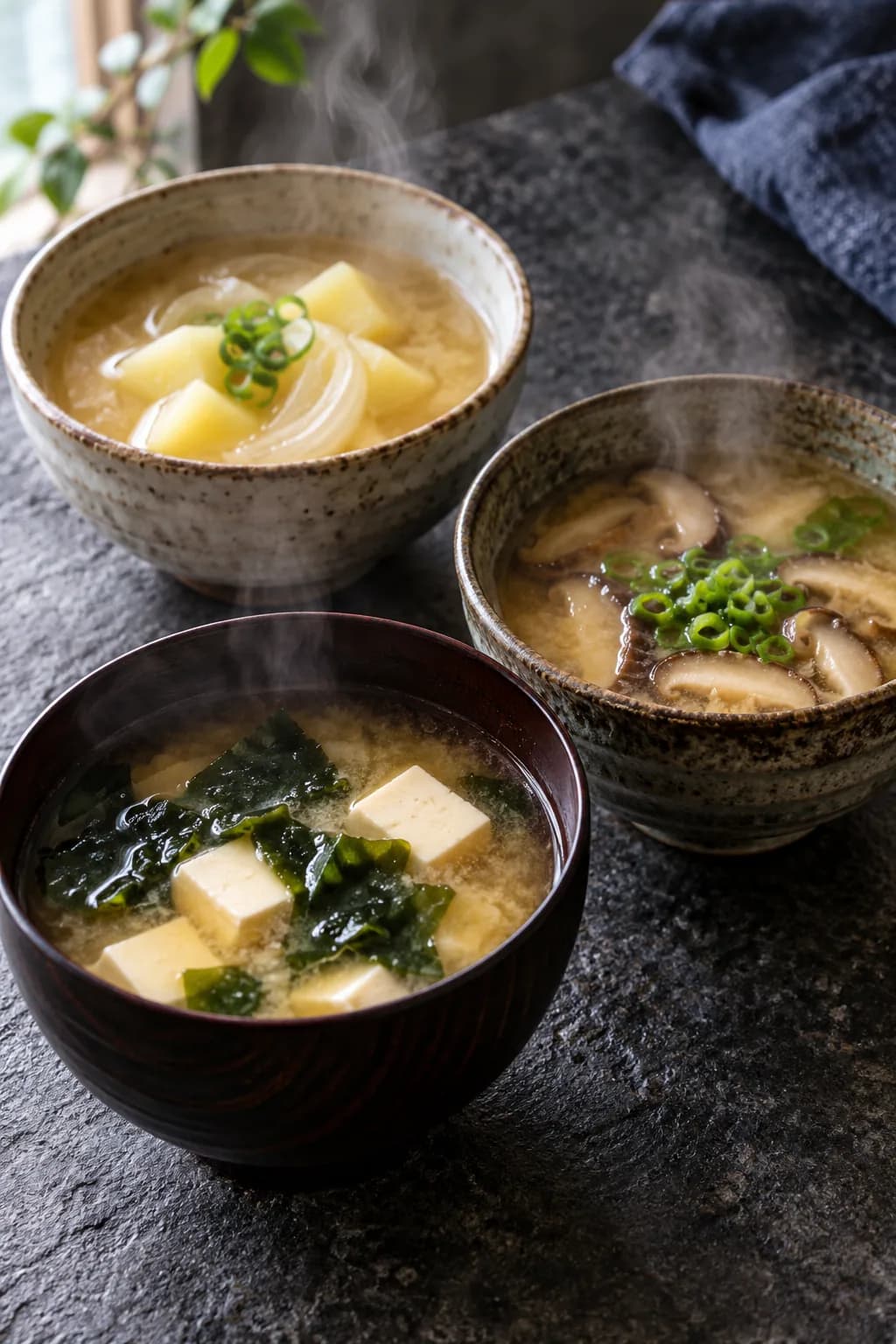 Three bowls of Japanese miso soup — tofu and wakame miso soup in a dark lacquer bowl, mushroom and scallion miso soup in a ceramic bowl, and potato and onion miso soup with a lighter broth, showing the three variations with different ingredients but the same dashi-miso base