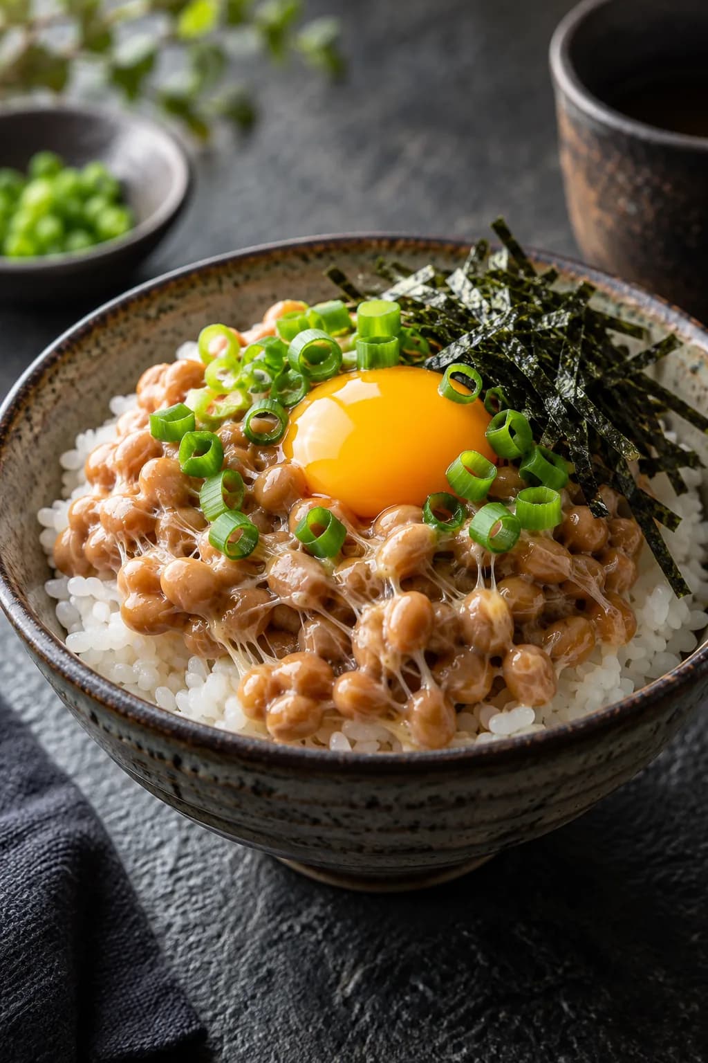 Japanese natto gohan fermented soybean rice bowl — a white rice bowl with natto fermented soybeans on top showing the characteristic white strings from stirring, a raw egg yolk in the center, a small mound of spicy yellow karashi mustard on the side, sliced scallion and a drizzle of soy sauce, the entire thing ready to mix together