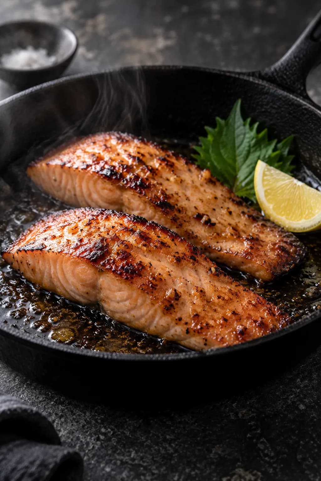 Japanese shio koji salmon in a cast iron pan — two salmon fillets showing the characteristic golden-brown caramelization from the shio koji marinade, the surface color deeper and more complex than regular seared salmon, the koji-glazed crust visible, a small bowl of shio koji paste visible beside the pan, fresh herbs on top
